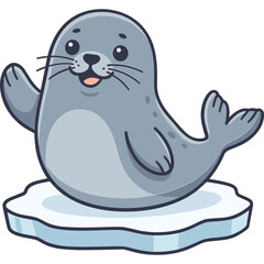 Naklejka premium A cartoon seal sits on an ice floe in the ocean with a happy expression.