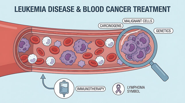 Microscopic view of leukemia cell within a human bloodstream representing malignant blood cancer treatment and genetic mutation immunotherapy targeting diseased oncology cell and pathology.