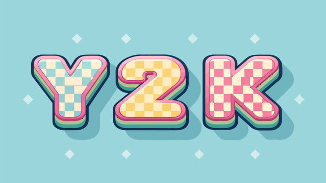 Colorful y2k text with checkered pattern on blue background with white diamonds