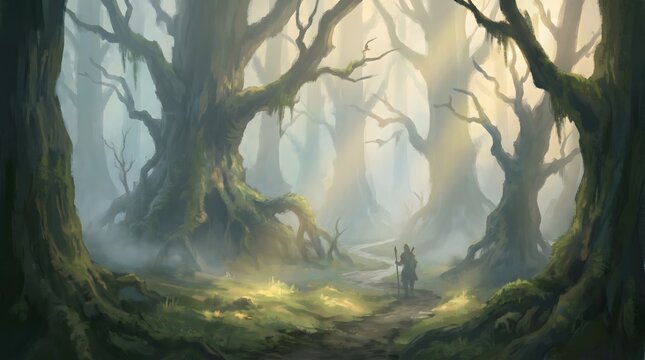 Fantasy illustration of a lone explorer navigating an ancient, foggy forest path