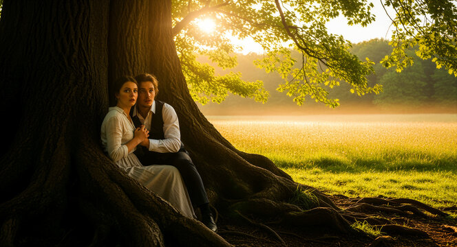 Young couple in vintage clothing sitting by the roots of a massive tree at sunrise. Man and woman look startled in a misty golden meadow. Romantic storytelling and historical drama concept.