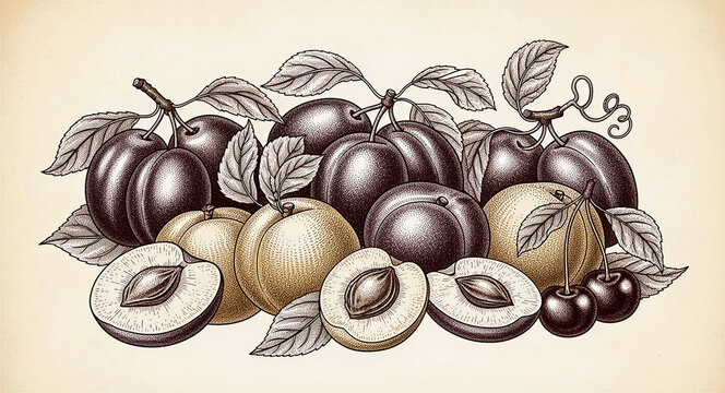 Vintage botanical illustration featuring plums, apricots, and cherries with leaves. Hand-drawn engraving style depicts whole fruits and sliced sections. Perfect for organic food and wine packaging.