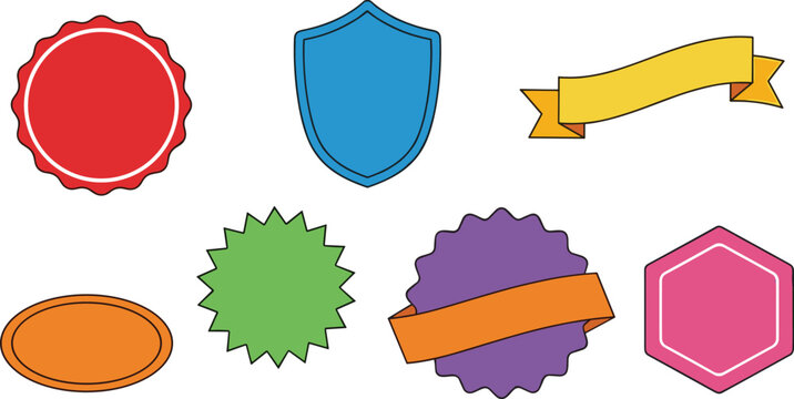 Colorful Badge and Ribbon Vector Set with Shields, Circular, Hexagonal, Starburst, and Decorative Ribbon Elements for Creative and Digital Designs