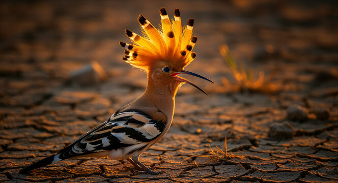 Hoopoe bird with extended crest standing on dry cracked earth. Exotic bird displays colorful feathers in warm sunset light. Wildlife concept ideal for nature, environment, and educational media.