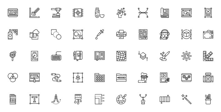 Graphic designer icon set. Minimal vector icons pack. Includes website, cutter, 3D printer, hard disk, hand, shapes and more. Editable vector stroke.