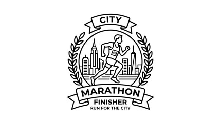 City Marathon Runner Emblem with Skyline and Laurel Wreath - Line Art © murtiyem