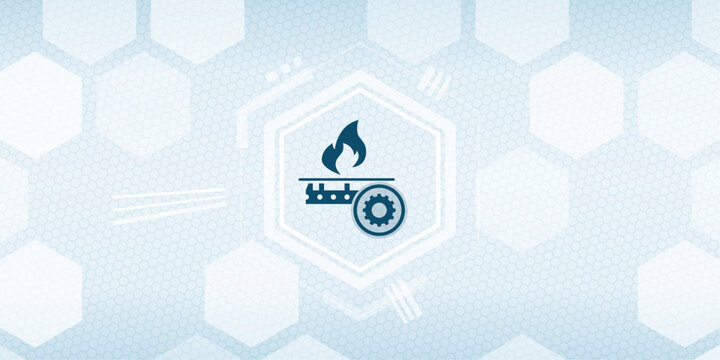Industrial combustion system symbol with fire flame and gear cog icon on a geometric blue hexagonal background representing thermal engineering and technical processes