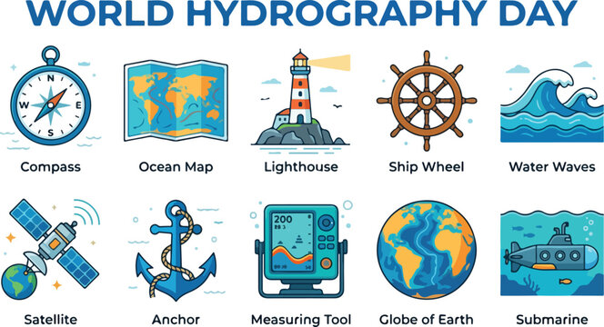 World Hydrography Day vector icons set for navigation and ocean exploration