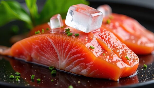 Close-up of raw red tilapia fish with ice cubes on top, tilapia fish, fish fillet
