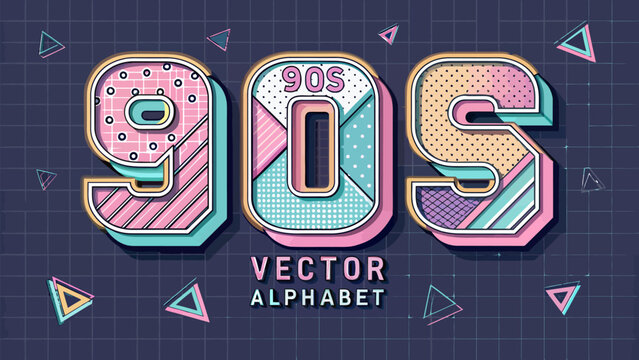 Vibrant 90s vector alphabet illustration with colorful geometric shapes and patterns on a dark blue background