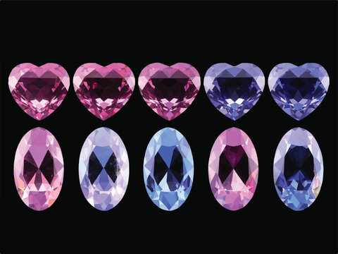 Heart shape and oval precious stones in pink and blue on dark background  gems and jewels