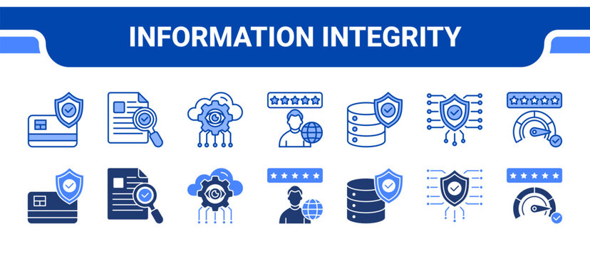 Information Integrity Icon Collection,  featuring Misinformation, Fact Check, Transparency Tech, Online Reputation, Verified Data, Digital Trust, Trust Score.