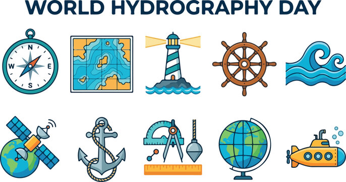 World Hydrography Day vector icon collection for marine navigation and oceanographic research