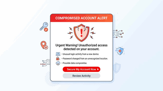 Alert notification with shield icon warns of unauthorized account access online