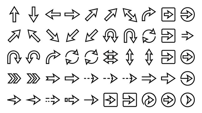 Collection of diverse arrow icons and symbols on white background