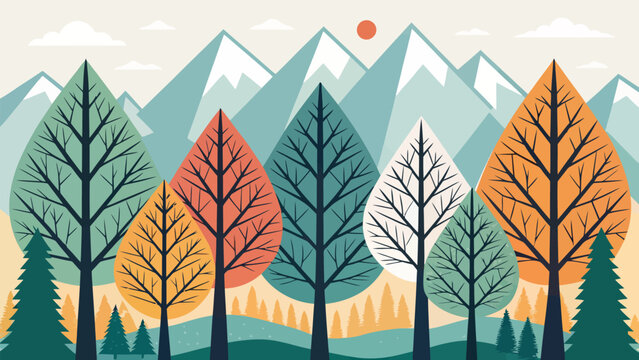 Colorful illustration of trees with mountains in the background, depicting a scenic landscape with changing seasons and natural beauty