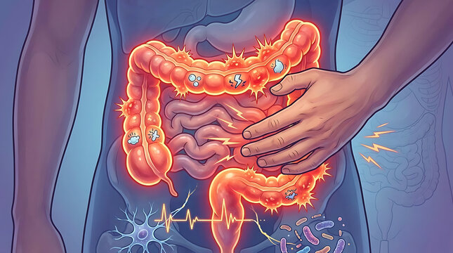 Human anatomy medical illustration depicting irritable bowel syndrome symptoms with inflamed digestive system intestine pain chronic disorder concept of painful abdominal discomfort and gut health