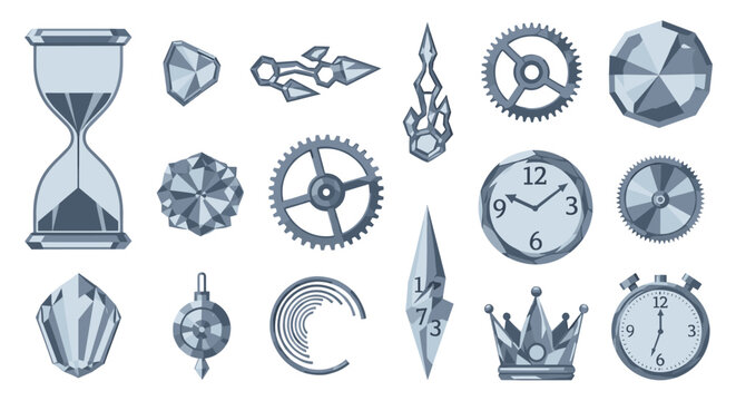 An array of gray-blue low-poly icons including gears, pendulum, clock components, and crystals is displayed on a bright white background with clean geometric forms.