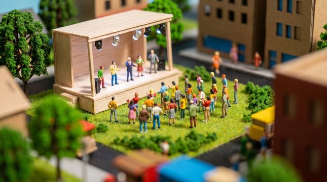 Miniature town square with a wooden stage and crowd of small figures