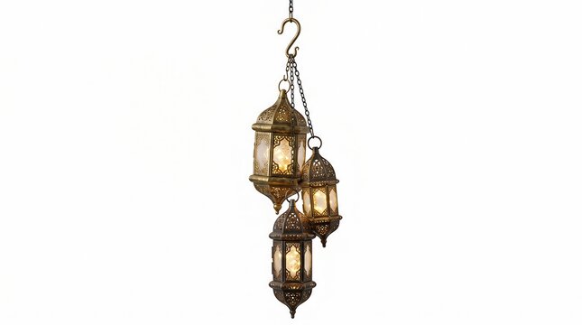 Antique moroccan lantern chandelier with three illuminated lamps, middle eastern