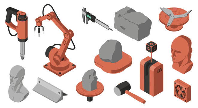 Automated industrial robotic arm with a precision claw attachment is shown alongside stone blocks and measurement tools on a solid light gray background surface.