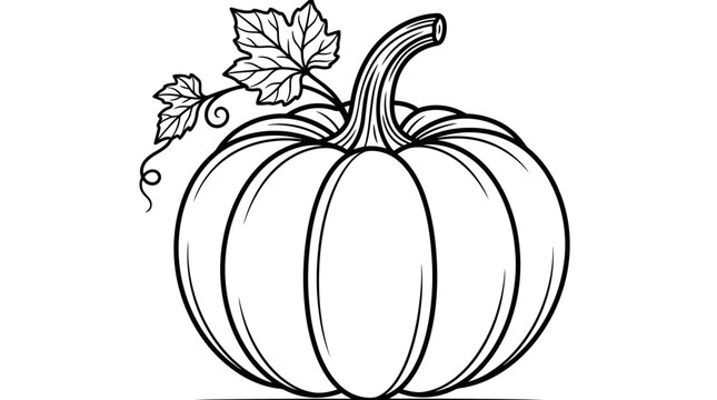 Outline of a pumpkin with leaves, isolated on white, perfect for autumn and Halloween designs.