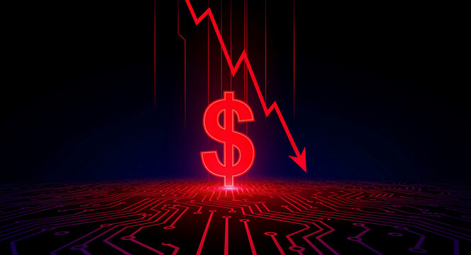 Red dollar sign standing on a digital circuit board with a falling arrow. Concept of financial market crash, inflation, and economic recession. Perfect for stock market reports and fiscal crisis news.