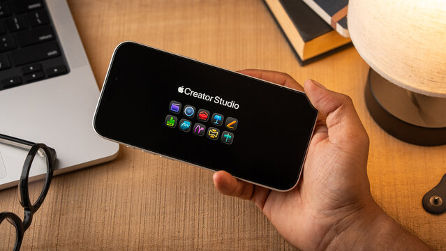 Apple Creator Studio logo is displayed on a smartphone screen in Bangalore, India, on May 15, 2026