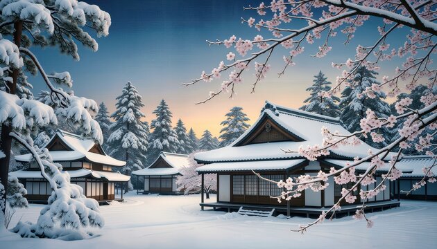 Traditional Japanese House Covered in Snow with Cherry Blossoms