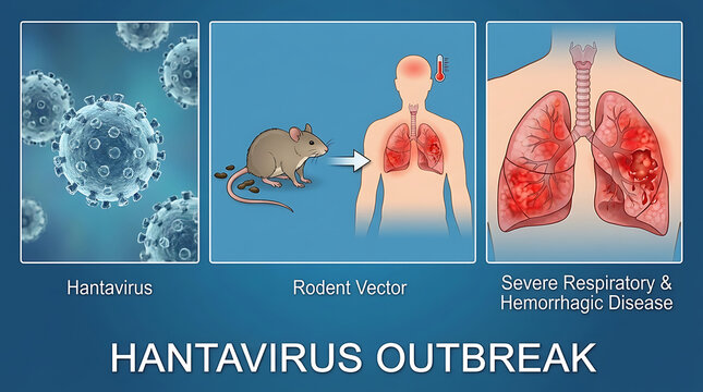 Microscopic illustration of Hantavirus particle causing zoonotic RNA viral infection and pulmonary syndrome transmitted by rodent leading to severe respiratory and hemorrhagic disease