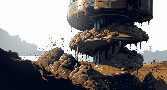 Industrial drilling auger extracting thick mud and earth from a construction site. Stylized graphic of a heavy-duty rotary drill bit boring through soil. Construction and engineering concept.