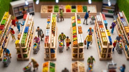 Fototapeta premium Detailed Miniature Diorama of People Shopping in a Small Supermarket