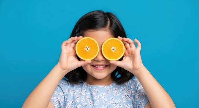 Cute little girl covering her eyes with orange slices on a blue background