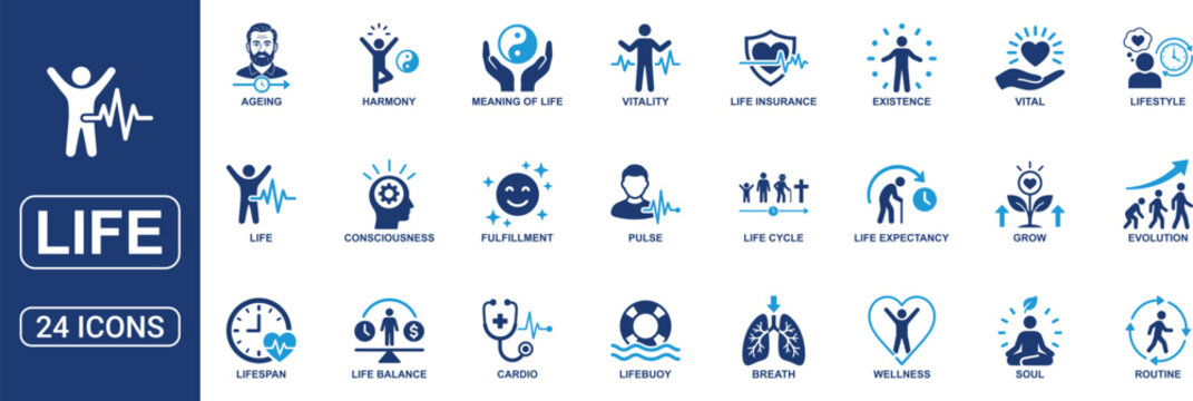 Life Solid Icon Set Featuring Lifespan, Vitality, Wellness, Soul, Life Insurance, Existence, Pulse, Harmony, Balance, Growth, Consciousness and Human Lifestyle Concepts Vector Icons