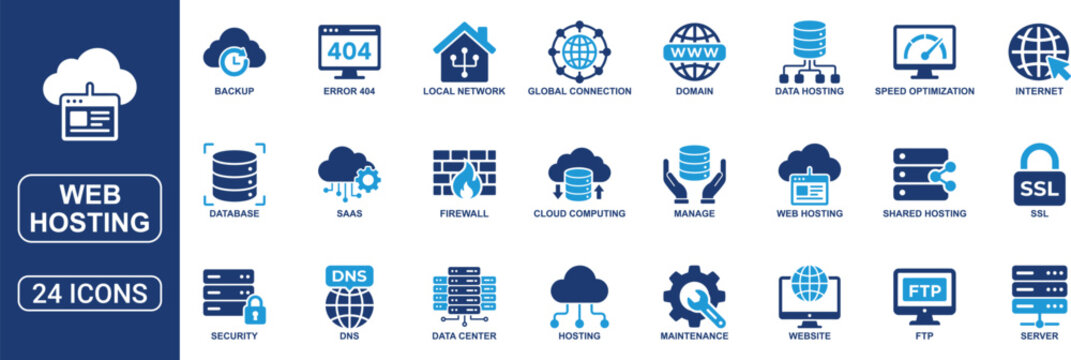 Web Hosting Solid Icon Set Featuring Cloud Computing, Server, Domain, Firewall, Internet, FTP, Database, SSL, DNS, Data Hosting, Website Security and Network Infrastructure Vector Icons