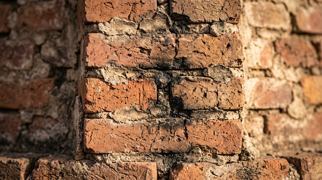 Weathered red brick wall with cracked mortar and aged plaster texture.