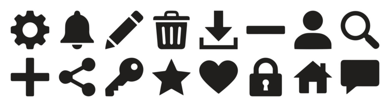 User interface and navigation icons in flat 2d black silhouette style gear bell pencil trash download minus profile search plus share key star heart lock home comment chat,
