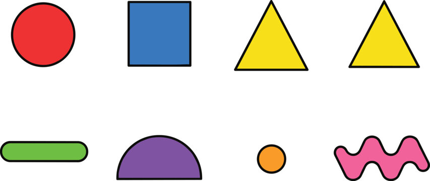 Colorful Geometric and Abstract Shape Vector Set with Circle, Square, Triangle, Rectangle, Half-Circle, Dot, Line, and Wavy Elements for Creative Designs