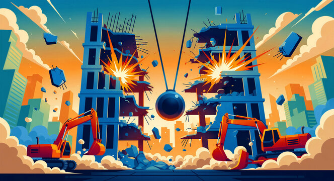 Large wrecking ball smashing through a concrete building while excavators work below. Stylized vector illustration of urban demolition with debris. Ideal for construction and renewal concepts.