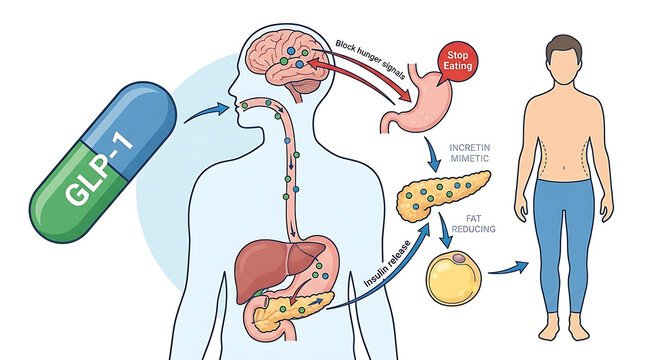 Oral GLP-1 Receptor Agonist Pharmaceutical Pill for Metabolic Weight Management Therapy and Incretin Mimetic Hormone Treatment to Regulate Appetite Control and Obesity Medical Intervention