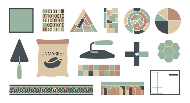 An organized collection of construction and masonry tools including trowels, geometric tile patterns, and building materials displayed on a neutral light background for architectur