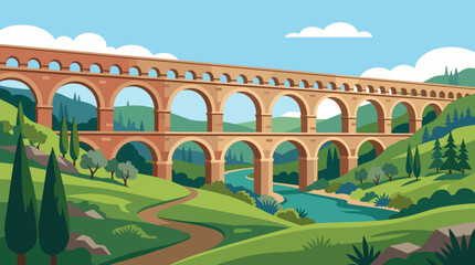 Fototapeta premium Ancient Stone Aqueduct Crossing Lush Green River Valley