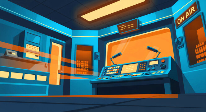 Modern radio studio interior featuring a professional mixing console and microphones. Stylized illustration of a broadcasting control room with vibrant blue and orange lighting. Media production.