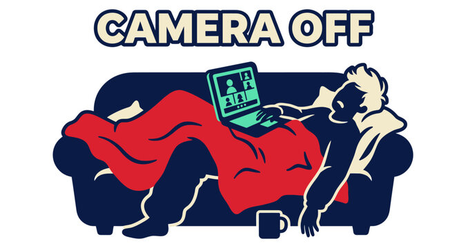 Man with laptop on couch under blanket during remote work with camera off concept vector silhouette