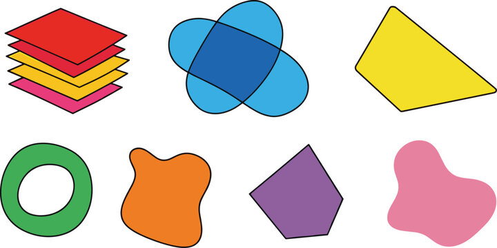 Colorful Geometric Shape Vector Set with Squares, Overlapping Ovals, Triangle, Circle, Irregular, Pentagon, and Blob Elements for Creative Designs