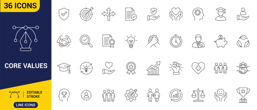 Core values set icon collection of clean outline symbols representing balanced scales, quality stars, trust handshakes, and team unity.