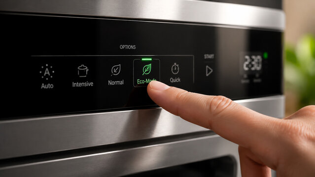 Close up of a person&rsquo;s finger pressing an Eco-Mode touch button on a modern smart kitchen appliance for energy saving