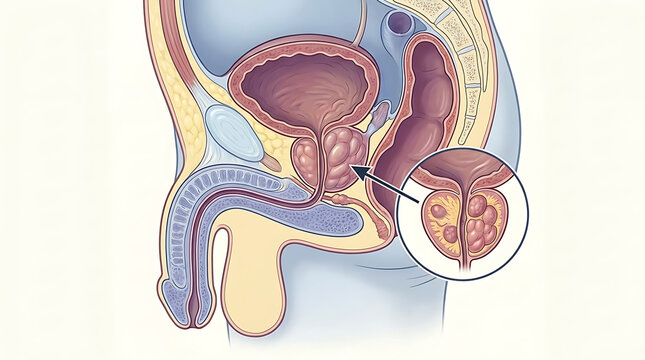 Enlarged human prostate gland illustration depicting benign prostatic hyperplasia BPH within the male reproductive anatomy and urology system showing lower urinary tract symptoms and obstruction.
