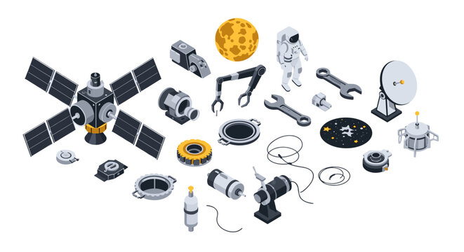 An organized collection of isometric space station hardware and lunar research tools featuring a prominent yellow moon icon arranged on a neutral light grey background.