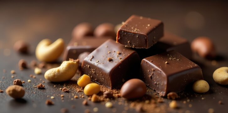 clusters of dark chocolate and cashew nut mixture , chocolate, snacks